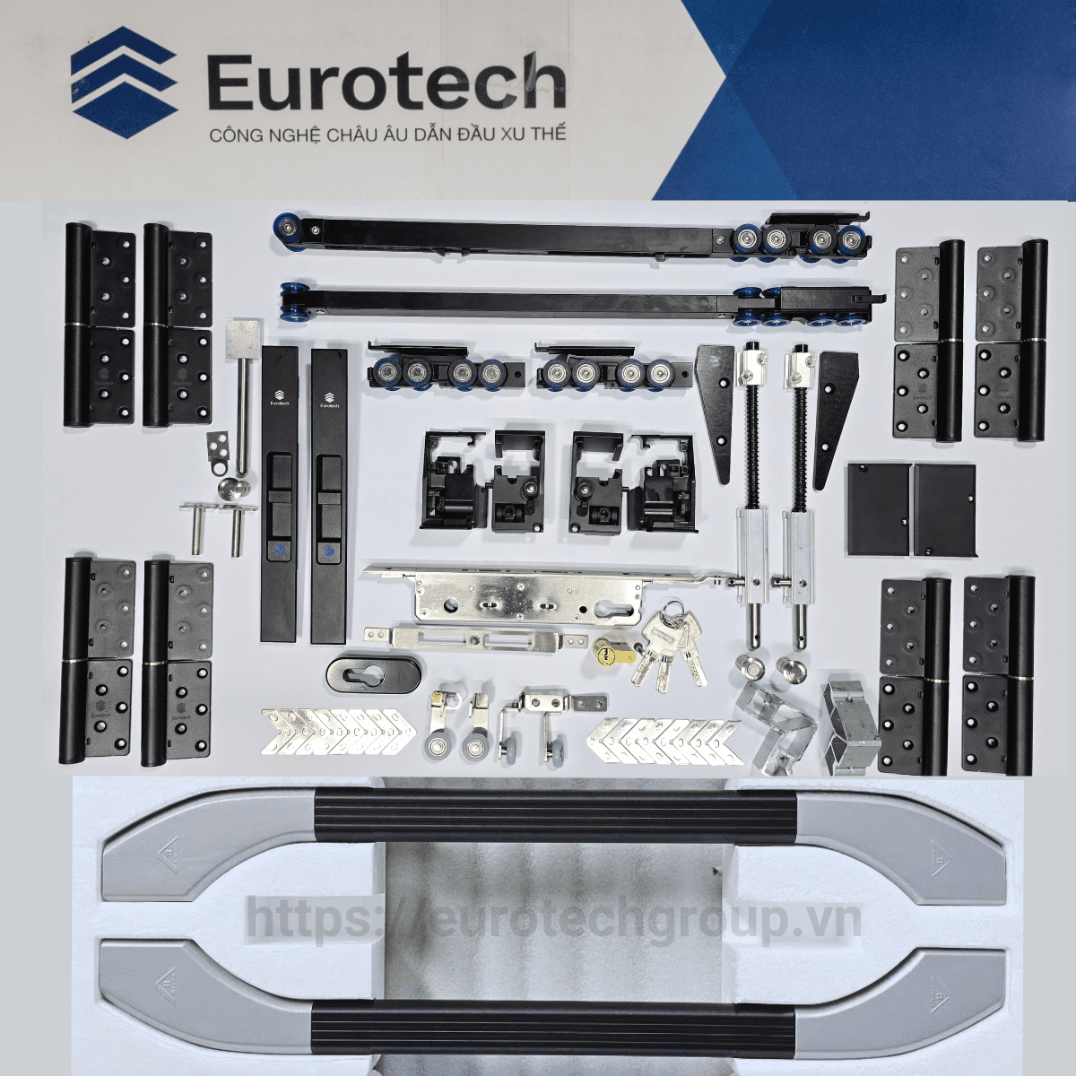 Phụ Kiện đồng Bộ Siêu Bền Cửa Trượt Quay Eurotech(bánh Xe Giảm Chấn 8 Bánh)