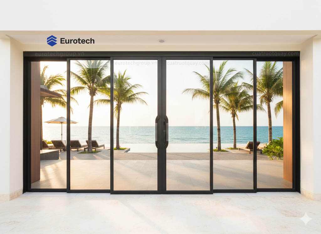 Cửa Slim trượt quay Eurotech 6 cánh Hệ ngoại thất- nẹp rời 8.0